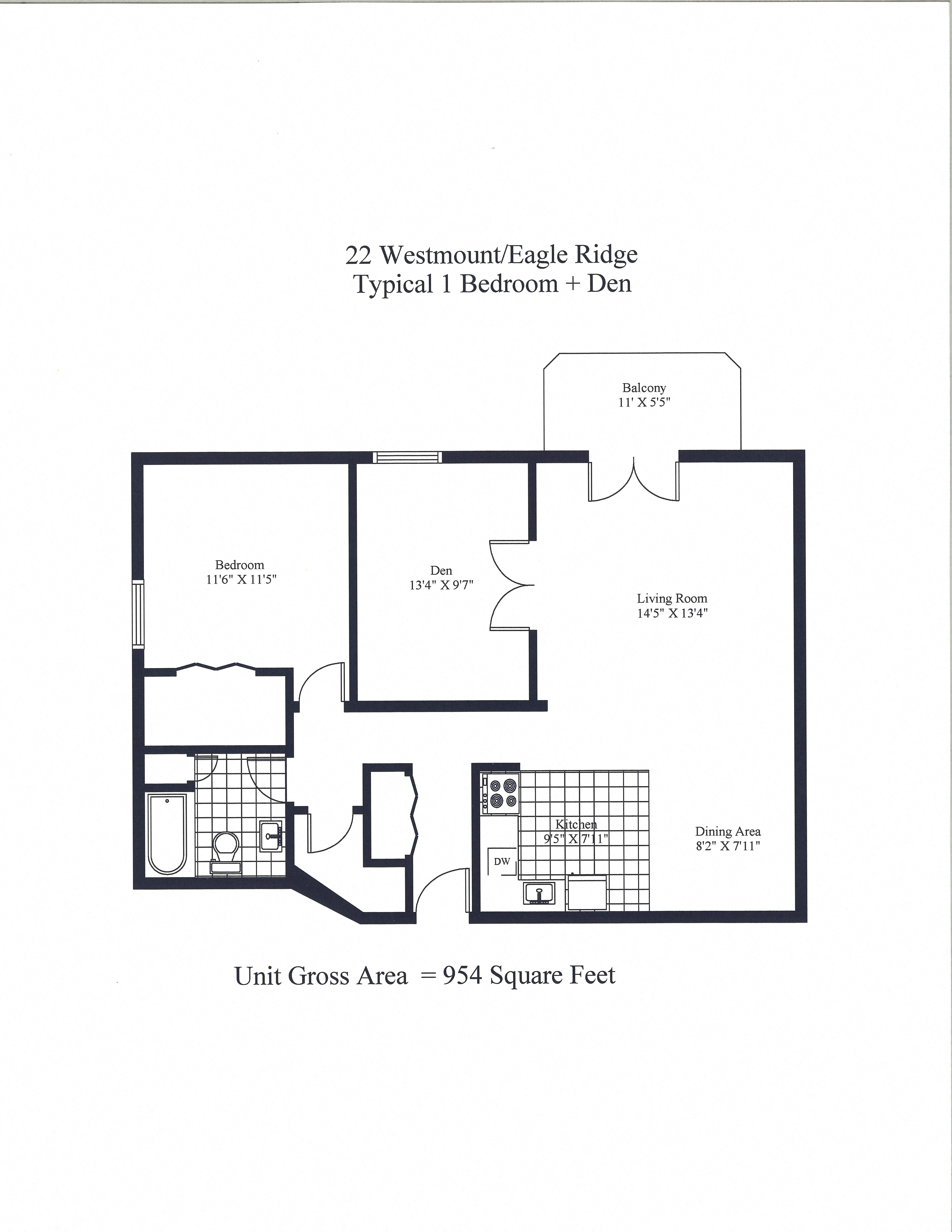 Floor plan for 1 bed, 1 bath, 962 sqft